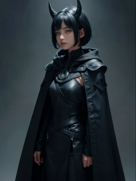 a 15 yo girl, whole body, wearing navy blue cloak hood with silver runes lining, serious face, short bob hair with bangs, emerald eyes, black hair, single horn on left, dark theme, soothing tones, muted colors, high contrast, looking away (natural skin tex...