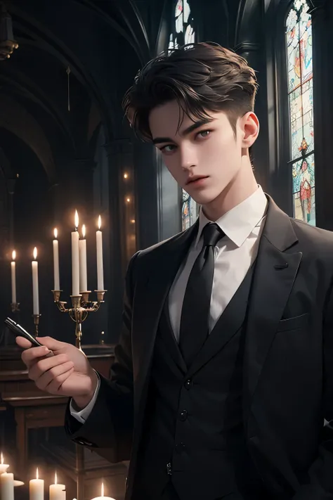 ((Best quality)), ((masterpiece)), (detailed), ((perfect face)), ((halfbody)) perfect proportions ,He is a handsome student, 18 years old, short hair, topless in uniform, there is a background of a school gothic room with lit candles, gnostic vibe ((perfec...