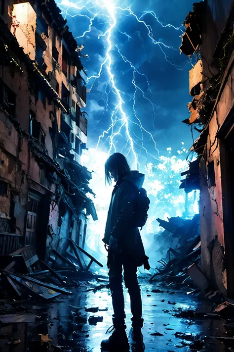 lightning-like aura、in the ruined city