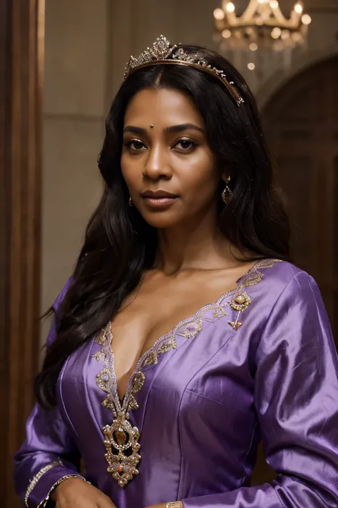 A king with crown, aged 59, brown skin, wears royal clothes, has small black hairs,and queen with crown, aged 47, wear a purple royal dress, with bounded hairs, she is dark brown skin and beautiful