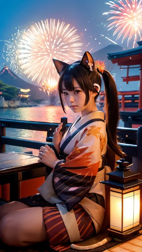 (Japanese idle:1.6), (Cat ears:1.3), yukata, (Fireworks:1.4), Sitting in sunset seashore,