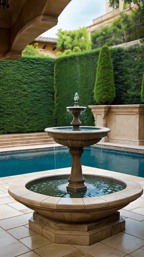 there is a fountain in the middle of a courtyard with a building in the background, fountain in the middle, tiled fountains, patio, terrazzo, atrium, fountains and arches, tiled room squared waterway, fountain, water fountain, fountain of water, gardens an...