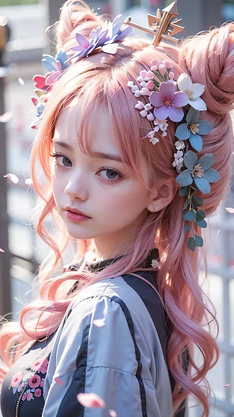 A girl, pink hairs, flowers on hairs, white dress 