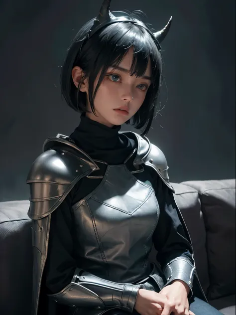 one horn on the left, a 15 yo girl, whole body, wearing denim medieval hood with silver light armor, serious face, short bob hair with bangs, emerald green eyes, black hair, single horn on left, dark theme, soothing tones, muted colors, high contrast, look...