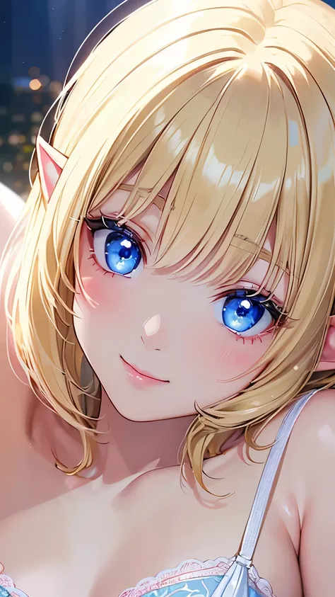 16k、masterpiece、High resolution、High resolution、((Young Elven Woman))、((Beautiful white skin))、Small breasts、((Beautiful blonde))、Bobcut、((Beautiful Blue Eyes))、((Narrow eyes))、Smiling Kindly、Pink Lip Gloss、blush、Luxury Bra、Bedroom at night、Dimly lit room、...