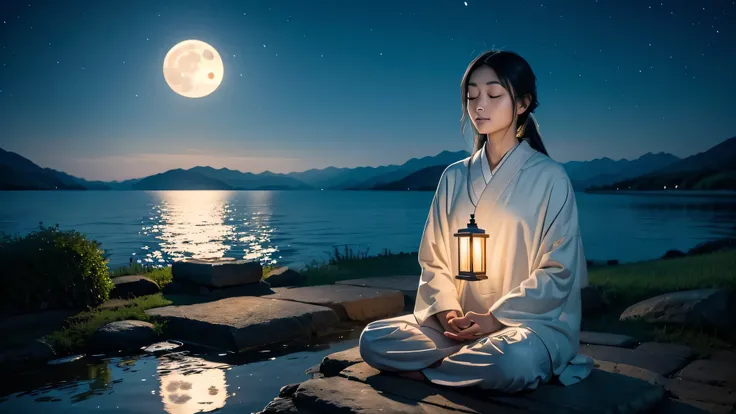 「Digitally painted portrait of a person with eyes closed facing a bright full moon。The moonlight casts a serene blue hue on his gentle face.、Emphasizing inner peace and Zen expression。In the background, the stars twinkle gently in the night sky.、The surrou...