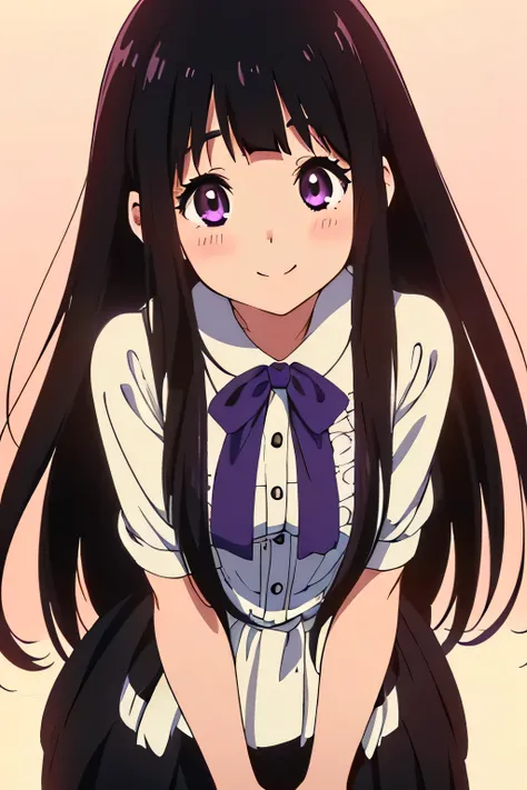 solo, (a superb exquisite chitanda eru), (adult face), (finely detailed beautiful eyes: 1.2), purple eyes, long black hair, natu...