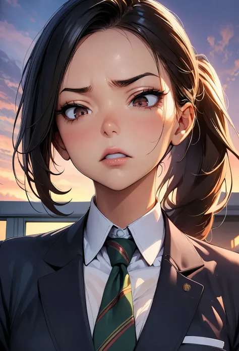 (highest quality:1.2, 4K, 8k, Very detailed, up to date, Vibrant, High detail, masterpiece:1.2, highest quality, Best aesthetics), (((1 girl))), jk, ((Black Hair, ponytail)), Brown Eyes, (Sharp Face), Glossy lips, clavicle, Ruthless, (Small face), Beautifu...