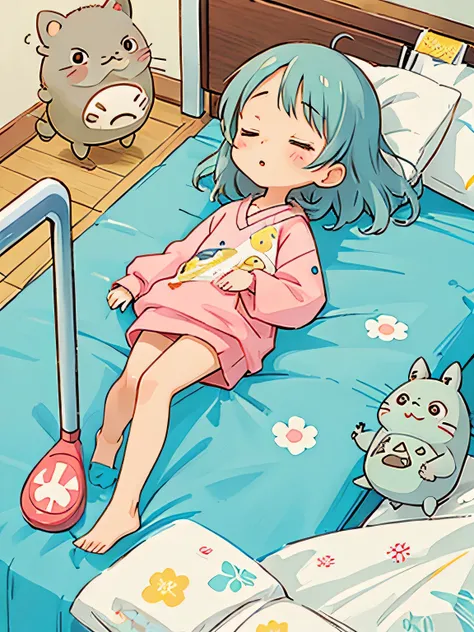 Hayao Mayazaki style, Kawaii Design, The most beautiful girl of all time、Chibi, Nap with Totoro, hospital bed