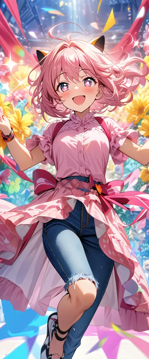 with high definition images，A scene from a movie，Anime Girl Masterpiece、highest quality、Uma Musume Pretty Derby。1girl、solo、Haruurara、Denim pants、Pink Shirt、accessories(0.6)、Open-mouthed and smiling broadly、Surrounded by colorful backgrounds、Flower-shaped p...