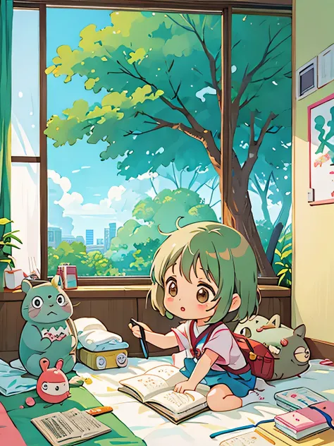 Hayao Mayazaki style, Kawaii Design, The most beautiful girl of all time、Chibi, playing with Totoro, hospital room