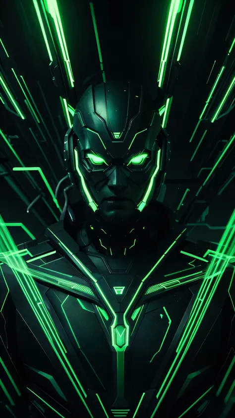 stunning digital art, ethereal green energy, dramatic black background, intricate neon lines, cyberpunk aesthetic, abstract digital composition, futuristic technology, glowing green particles, stunning lighting effects, experimental digital art