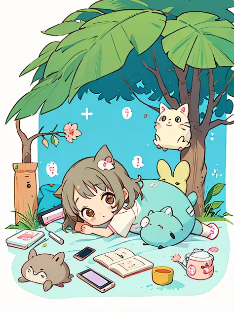 Hayao Mayazaki style, Kawaii Design, The most beautiful girl of all time、Chibi, play with smartphone, totoro, hospital bed