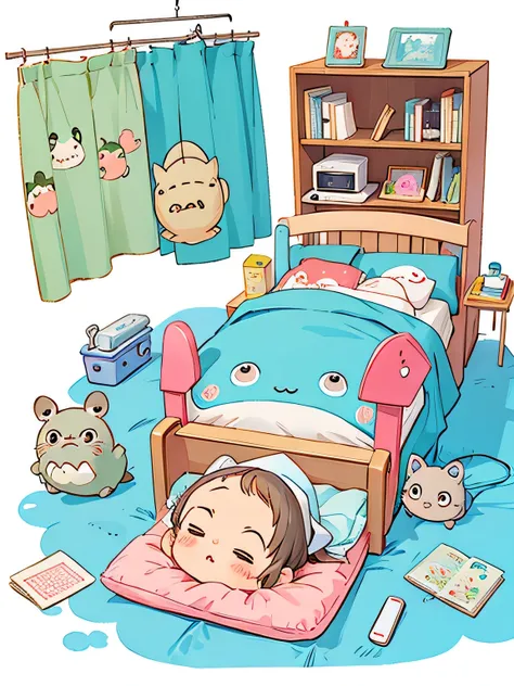 Hayao Mayazaki style, Kawaii Design, The most beautiful girl of all time、Chibi, play with smartphone, totoro, hospital bed