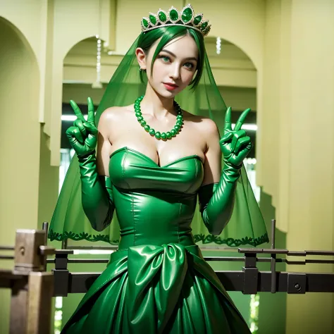 Emerald tiara, Green Pearl Necklace, Boyish very short green hair, lipstick, Smiling Japanese woman, Very short hair, Big and beautiful, Green Eyes, Long green satin gloves, Green Eyes, V sign, Emerald Earrings, Green veil, peace sign, 30-year-old female, ...