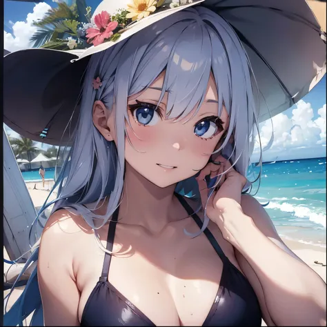 Silver-haired girl drawn in high resolution Japanese anime style、whole body、Women in blue bikinis taking photos on a deserted beach, Bikini Model, , A young and cute gravure idol, Posing together in a bra, Russian and Japanese mix, sakimichan, Asian woman,...