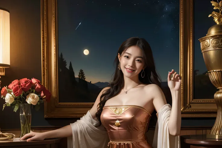 Giorgione painting style,Arguments of two female Philosophe,math、astronomical machine、astronaut、roses in vase、fruits、Cute trinkets、smile、ancient greek costume、Background is a forest lake at night 、Clothes that stretch your shoulders、A big smile、beautiful b...