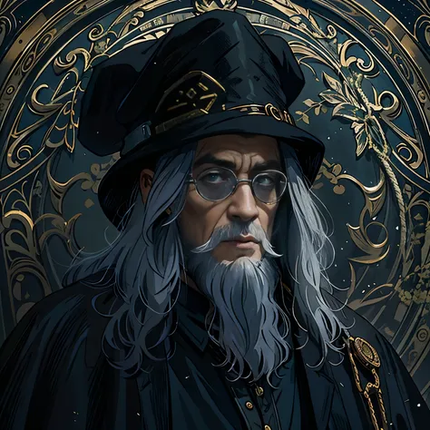 ((neocruz)) el mayordomo es un anciano de pelo negro.，he wears a large black trench coat with a black wizard&#39;s robe-style pa...