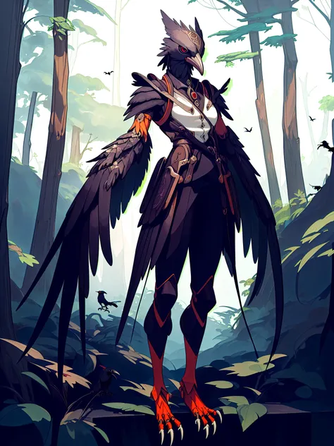 prospect(anthropomorphic crow，wearing ancient adventurer gear，the arms and hands are integrated with the bird&#39;s wings, and t...