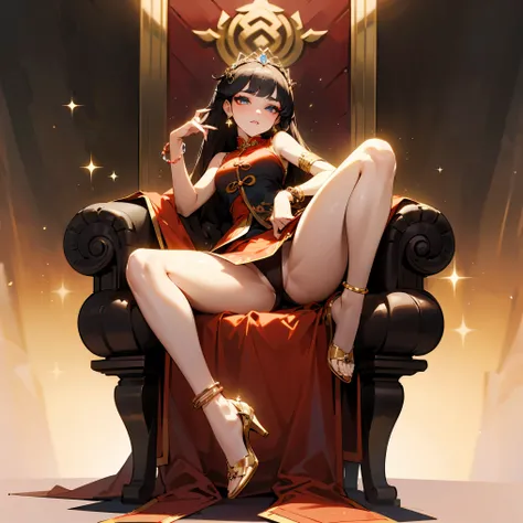 ((8K, masterpiece, best quality, ultra detailed)), HDR, lens flare, particles, chinese gorgeous royal style, in a palace, 1 princess on a throne, full body, perfect anatomy, spread legs, lift up skirt, show off panty, tight mini cheongsam, ((detailed chara...