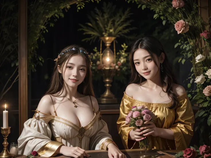 Giorgione painting style,Arguments of two female Philosophe,math、astronomical machine、astronaut、roses in vase、fruits、Cute trinkets、smile、ancient greek costume、Background is a forest lake at night 、Clothes that stretch your shoulders、A big smile、beautiful b...