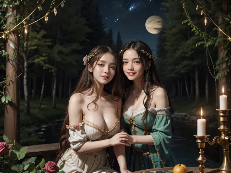 Giorgione painting style,Arguments of two female Philosophe,math、astronomical machine、astronaut、roses in vase、fruits、Cute trinkets、smile、ancient greek costume、Background is a forest lake at night 、Clothes that stretch your shoulders、A big smile、beautiful b...