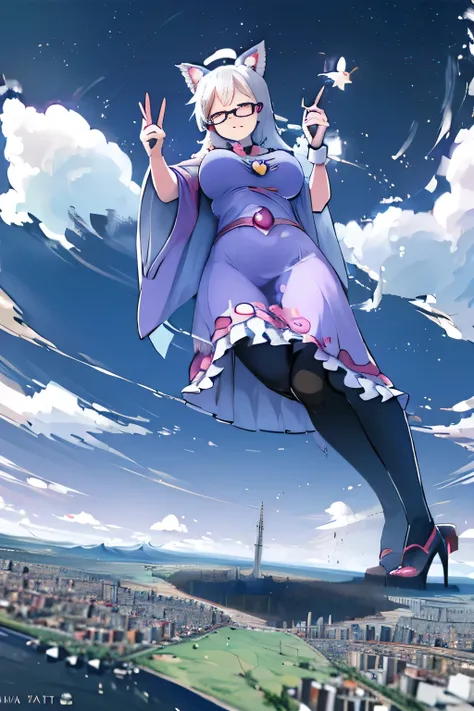 giantess art, highly detailed giantess shots, giantess, Two legs, Five fingers, A beautiful girl who is bigger than a skyscraper, Wearing rimless glasses, smile, huge breasts, blue and white dress, bow, magical girl, holding a magical wand, black pantyhose...