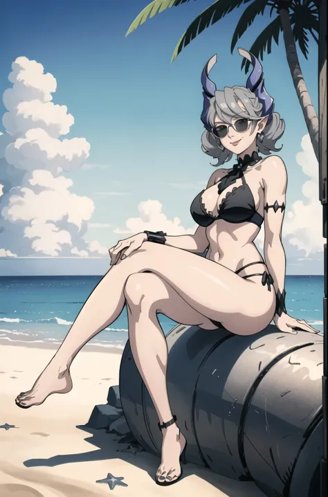 High level image quality　best image quality　8K　 adult woman  beach  sunset　palm trees   whole body view　portrait　black bikini   　horn    ears  　short hair（（shortcut）（gray hair）（perm）（fluffy））　eye color is blue , classy black sunglasses , 　attractive evil f...