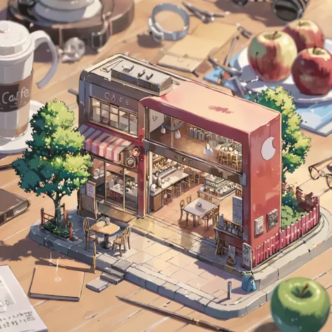 ((tilt-shift photography)), (((cafe in side of apple))), ((anime:1.4,illustration)),(masterpiece, top quality, best quality),(ul...