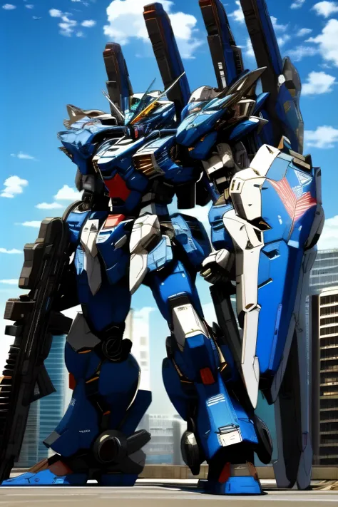 (blue sky:1.1), cloud, holding_weapon, a (((mecha))) with sleek and menacing design, glowing ,heroic parts, mechanical parts, robot joints,(huge shield:1.2),best quality, masterpiece, highly detailed, ultra-detailed,(battle-ready:1.2),(powerful stance:1.3)...