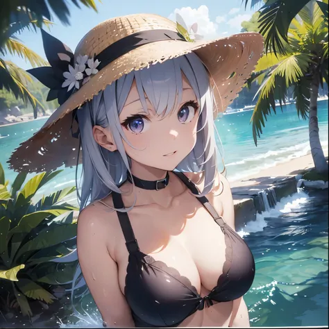 Silver-haired girl drawn in high resolution Japanese anime style、whole body、Women in blue bikinis taking photos on a deserted beach, Bikini Model, , A young and cute gravure idol, Posing together in a bra, Russian and Japanese mix, sakimichan, Asian woman,...