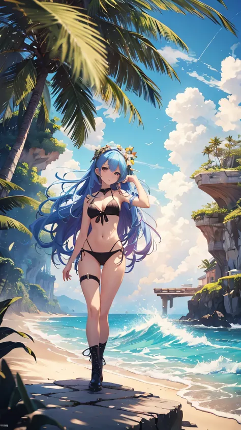 Highest quality、Highest quality、Masterpiece、girl((20-year-old、as soon as、Highest Bust、Medium Bust、Wide open chest、Red glowing eyes、Light Blue Hair、Disheveled Hair、Loincloth、thin、The best valley、Open chest、Full body view、White see-through、White Bikini、Smile...