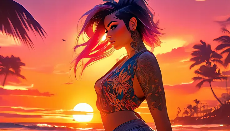 a woman with tattoos on her arms and chest standing in front of a sunset, hot pants, blouse, beautiful avatar pictures, artgasm, 8k high quality detailed art, style ivan talavera and artgerm, beautiful digital artwork, anime style 4 k, alena aenami and art...