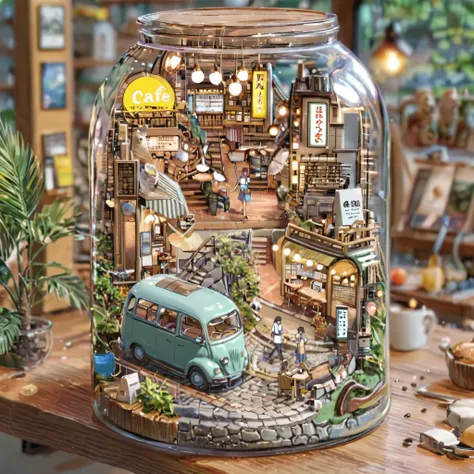 ((tilt-shift photography)), (((cafe in side of bus))), ((anime:1.4,illustration)),(masterpiece, top quality, best quality),(ultr...