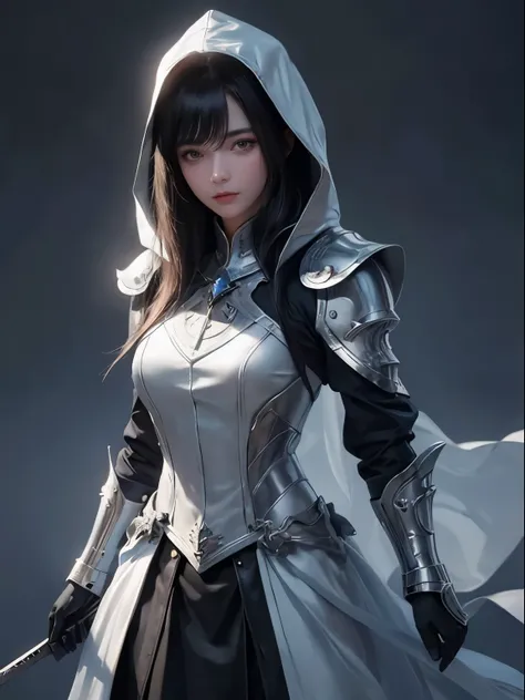 There is a corner on the left side under the bangs, A 15-year-old girl, whole body, Navy blue hood, Wearing a cowboy medieval hood and silver light armor, serious face, Short Bangs Bob Hairstyle, Emerald eyes, Black Hair, Left single speaker, Dark theme, S...