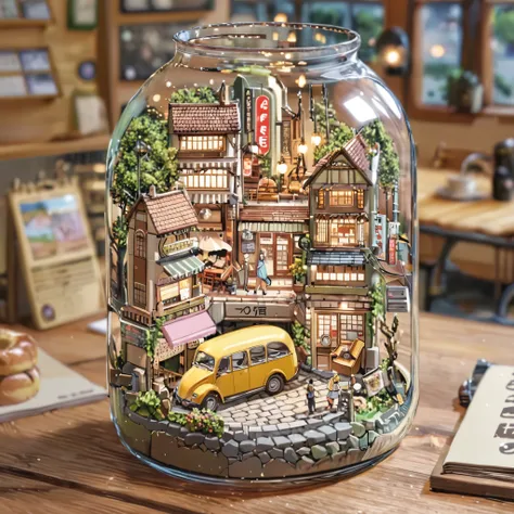 ((tilt shift photo)), (((cafe next to the bus))), ((anime:1.4,figure)),(masterpiece, highest quality, highest quality),(super de...