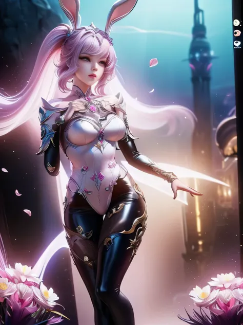 (Best Quality, 8K, Masterpiece, HDR, Soft Lighting, Picture Perfect, Realistic, Vivid), Bunny Girl (1.0), Bunny Girl with Pink Hair and Sexy Skimpy Clothes, pink bodysuit with glitter texture, Beautiful anime fantasy, Very beautiful and cute bunny girl, ra...