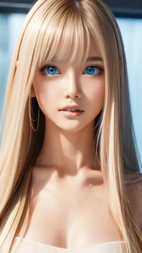 Platinum blonde fine hair、Long Straight Hair、Face and eye bangs、Big blue eyes、Transparent white and wet nightgown、Nordic youth、Perfect body、White Muscle、Shiny skin、Young and beautiful skin、Perfect beautiful little face、Bright makeup、Pale pink lips、Bright e...