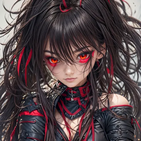 best quality, intricate details, chromatic aberration, 1girl, long hair, black hair, messy hair, red highlights, hair over one e...