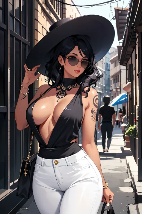 Fabulous woman, Stunning silhouette, Tattooed back and arms, dark complexion, Black, curly hair, Brown, captivating eyes, Japanese essence, White hat perched on head, White denim jeans, Sunglasses concealing gaze, Mafia-inspired aura, Hidden alleyway backd...