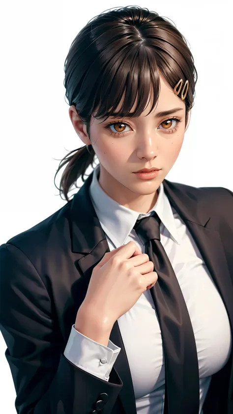 (（（Perfect body,White and tender skin,（（（black necktie, black pants, business suit, formal, long sleeves, necktie, pants, suit,,）））,（（（kobeni higashiyama, black hair, hair ornament, hairclip,  ponytail, short hair, (brown eyes:1.5),）））,((masterpiece)),high...