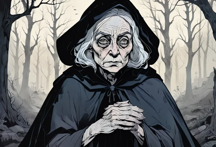 a decrepit old witch, detailed wrinkled face and hands, long bony fingers, tattered black cloak, dark haunting eyes, sinister ex...