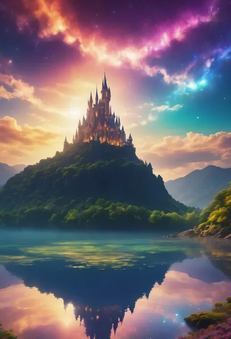 (8k, highest quality, masterpiece, final fantasy style: 1.2), (unRealistic, photoRealistic: 1.37), (one mage lady standing on lake side, huge bouncing bust:1.1), Dreamy landscape, Fantasy, Unsurreal landscapes, Super detailed, Flying medieval castle, Float...