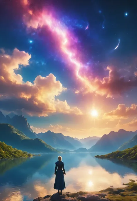 (8k, highest quality, masterpiece, final fantasy style: 1.2), (unRealistic, photoRealistic: 1.37), (one mage lady standing on lake side in distance, huge bouncing bust, with sword with fire:1.1), Dreamy landscape, Fantasy, Unsurreal landscapes, Super detai...