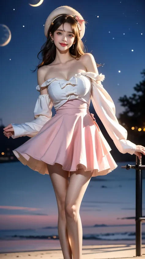 cyb dress, pink dress, dress, pom pom, bow, long sleeves, puffy sleeves, hat ((bare shoulders)), ((full breasts)), ((very big br...