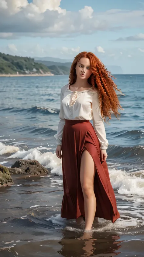 (masterpiece, Best quality, High quality, a high resolution, Super detailed), 1 girl, full_body, Sun skirt, water skirt, wool, tidal wool, ocean, ((long very curly red hair))