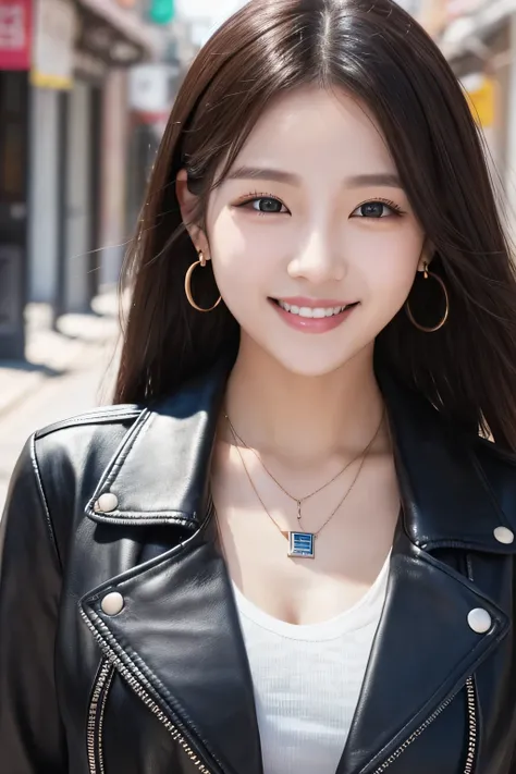 Beautiful young woman of the year、 Korean women、Black Hair、Necklace around the neck、leather jacket、shirt、smile, Beautiful teeth alignment、Intricate details, Very detailed:1.2), 、 Looking into the camera,The background is the town、Ear piercing

