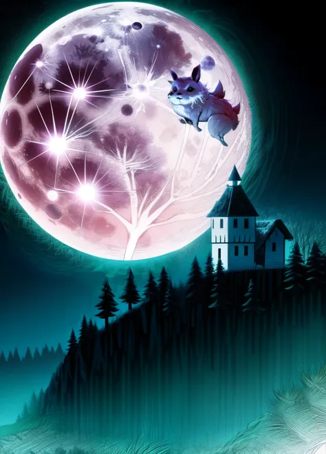 enchanted forest, the full moon rises from behind the hills, the bunnies and hedgehogs sit and watch the moon