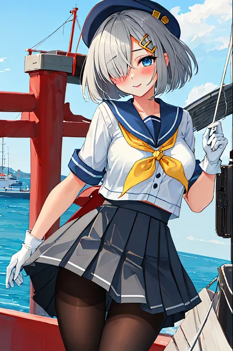 best quality, masterpiece, highres, solo, {hamakaze_kantaicollection:0.90}, 1girl, loli,younger_teen,black_pantyhose, pleated_skirt, serafuku, short_sleeves, simple_background, white_background, yellow_neckerchief, white_gloves, looking_at_viewer, grey_ski...