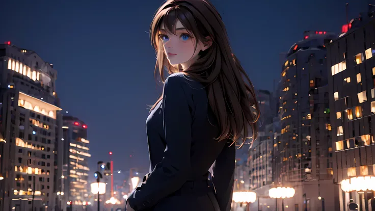 1 girl, medium light brown hair, light blue eyes, wearing black suit, night city, absurdres, high res, ultrasharp, 8K, masterpiece, looking from behind